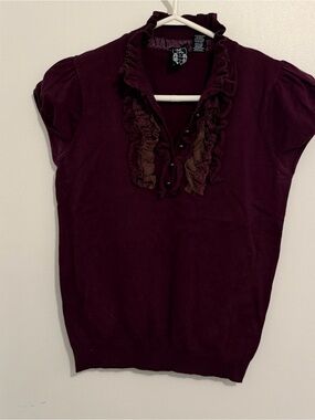 Nick & Mo Ruffled Neck Short Sleeve Sweater - Plum